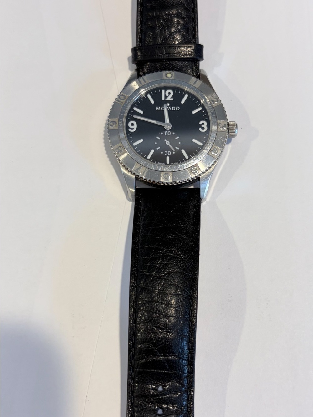 Movado Black Dial Silver-Tone Bezel Men's Watch with Black Leather Strap